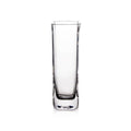 Clear glass vase with a tall cylindrical body and squared corners.