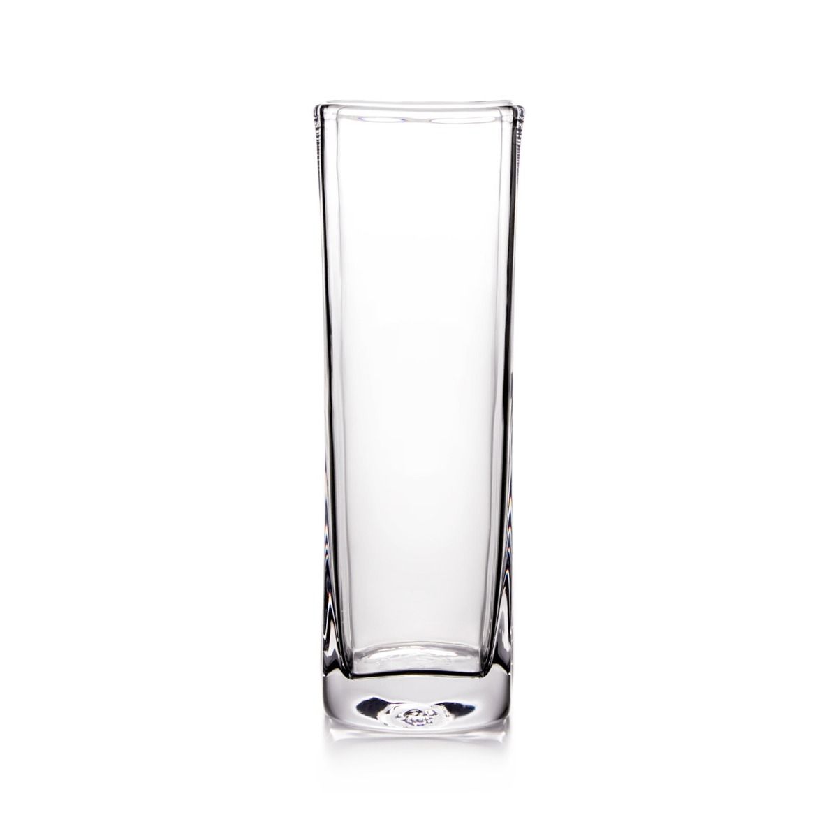 Clear glass vase with a tall rectangular shape and rounded corners.