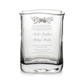 Clear glass vase engraved with wedding invitation text and floral design.
