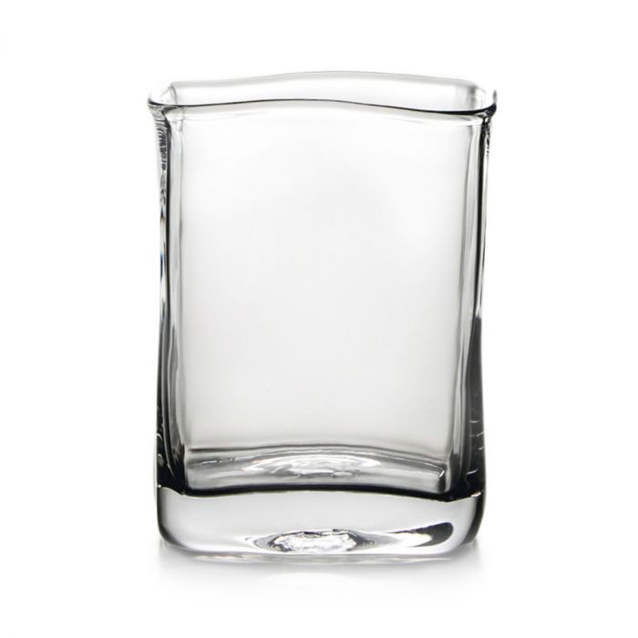 Clear glass vase with straight sides and curved rim, suitable for flower arrangements.