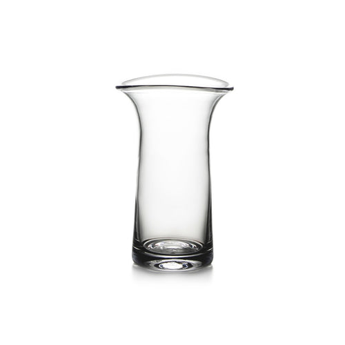 Clear glass vase with straight sides, curved inward slightly, and a flared rim at the top.