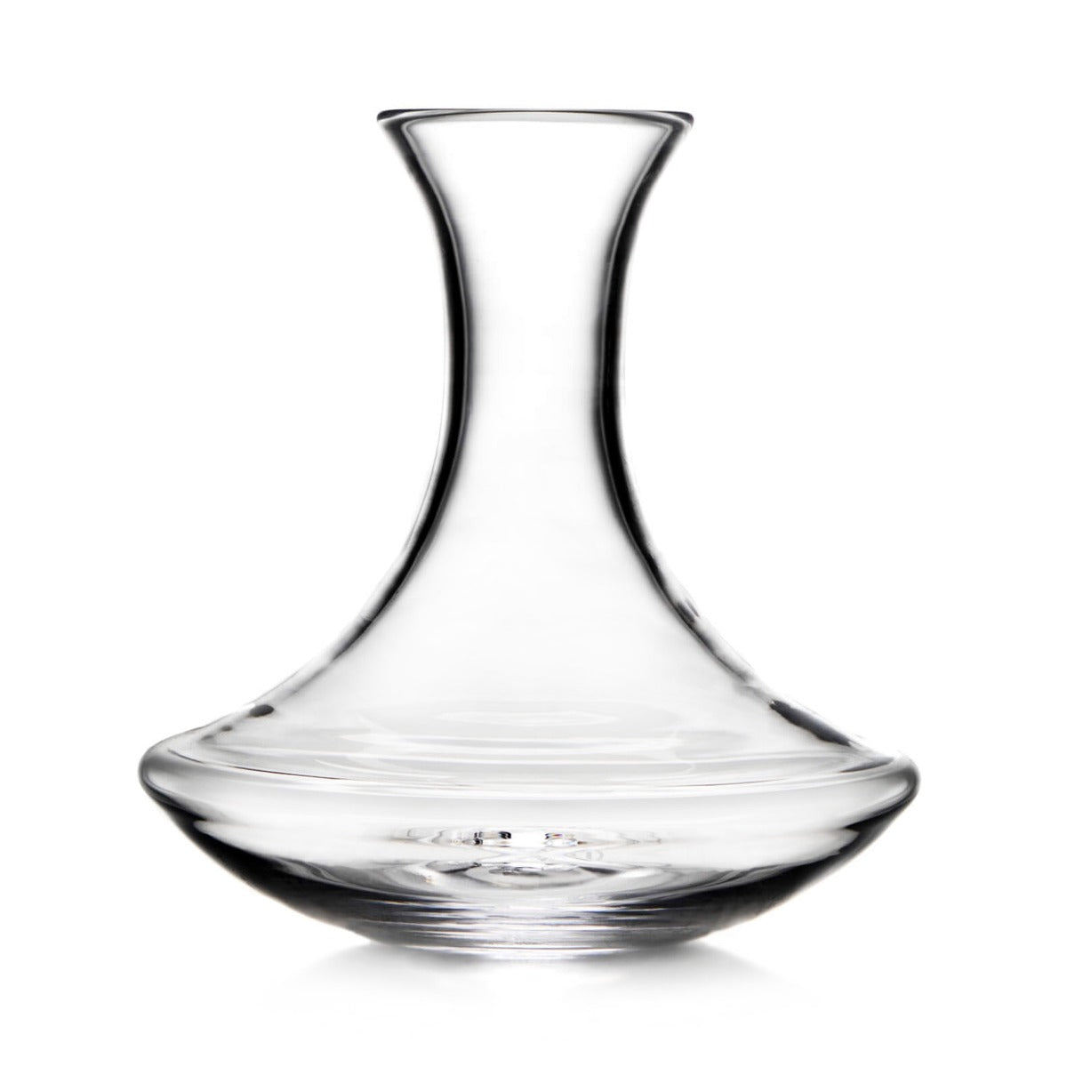 Clear glass wine decanter with curved sides, wide base, and flared rim.