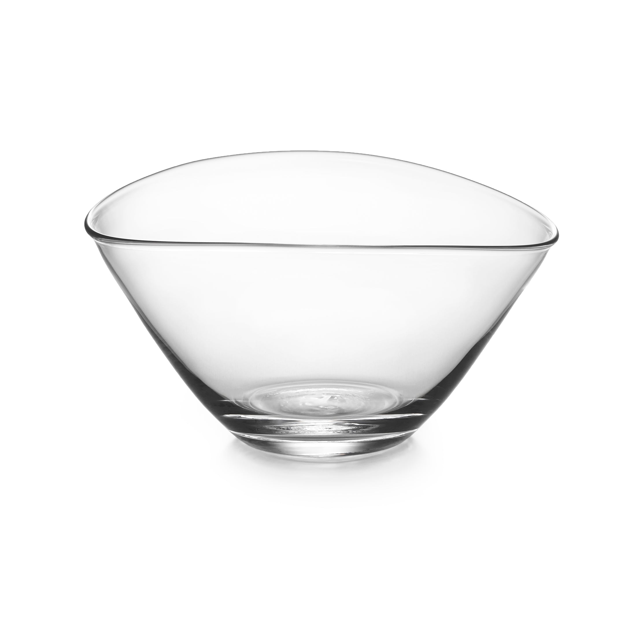 Clear glass bowl with wide angled sides and rounded bottom.