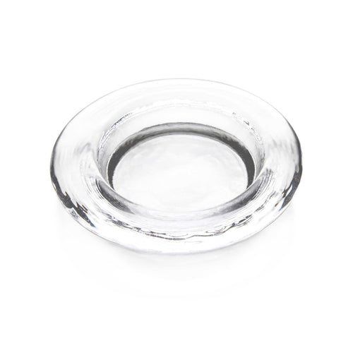 Clear glass coaster with a recessed center and textured rim.
