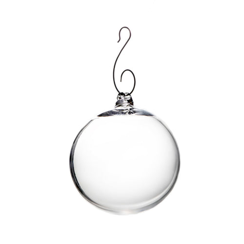 Clear glass round ornament with metal cap and curved wire hook for hanging.