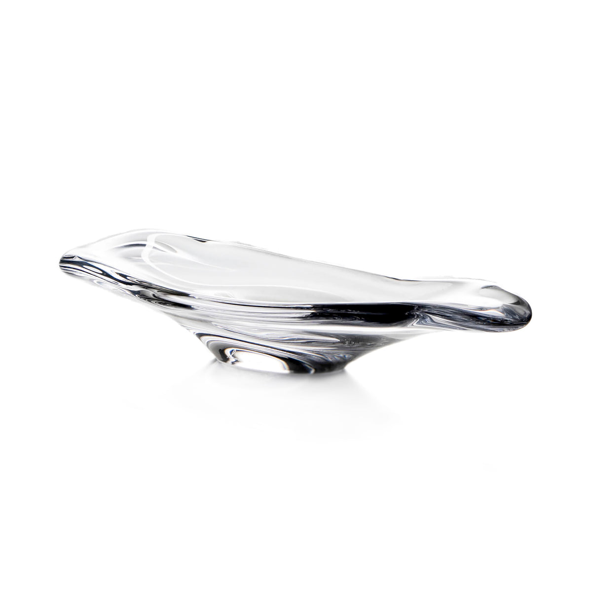 Clear glass centerpiece bowl with elongated oval shape and black swirl design detail.