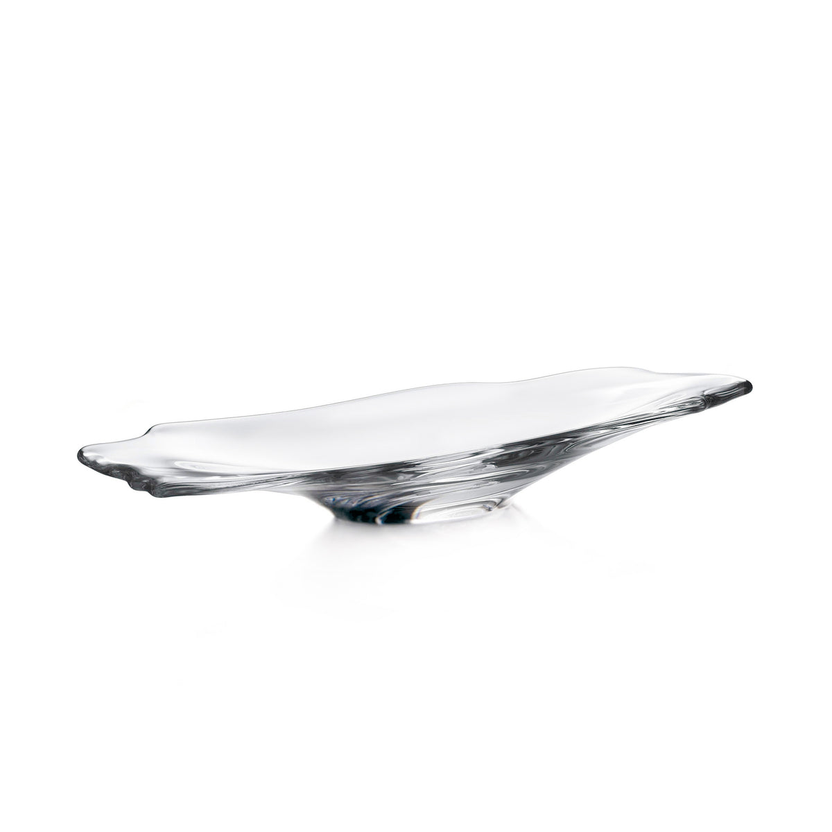 Clear glass centerpiece with elongated boat shape and dark gray-black accented base.