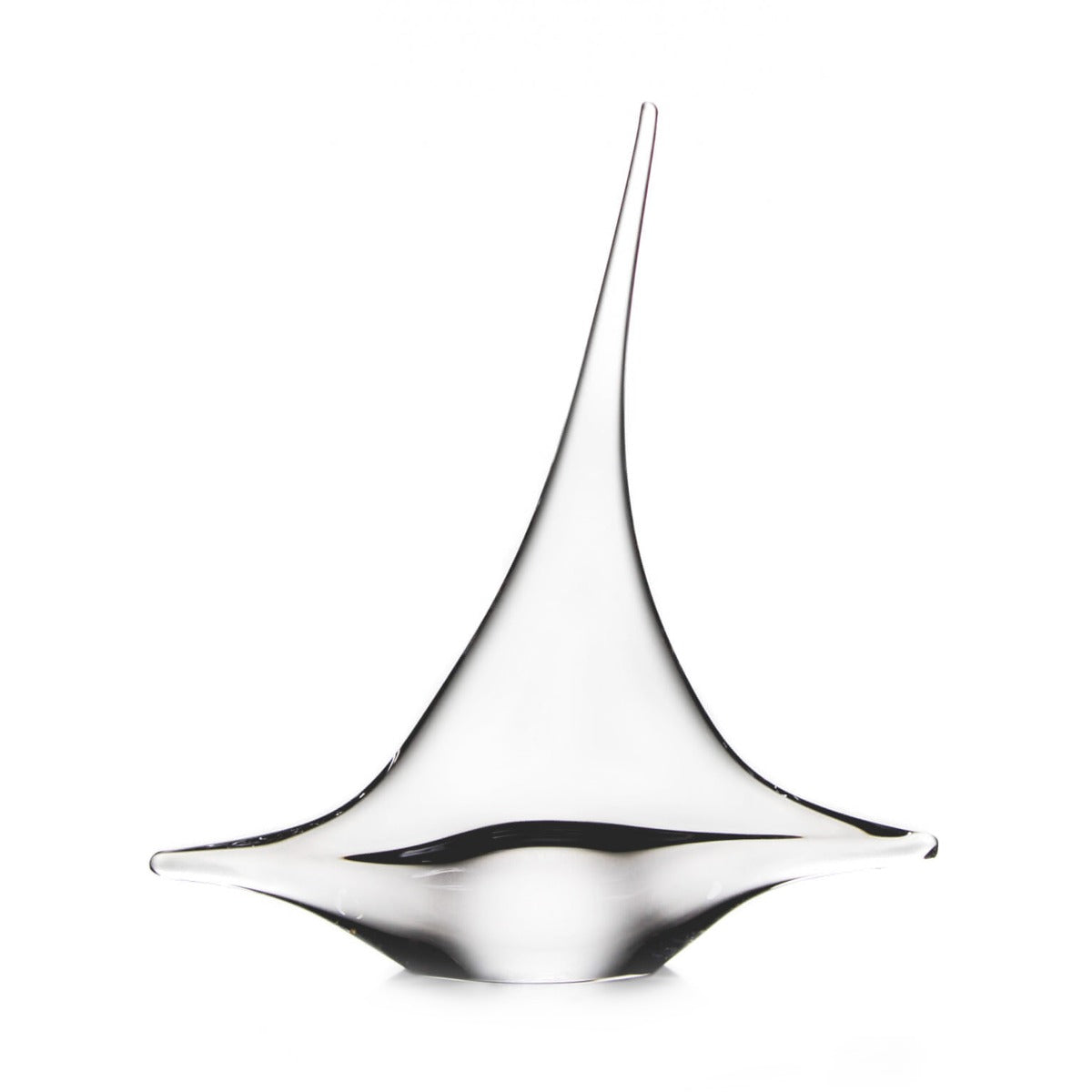 White sculptural sailboat form with pointed top and curved sail-like sides, viewed from the front against white background.