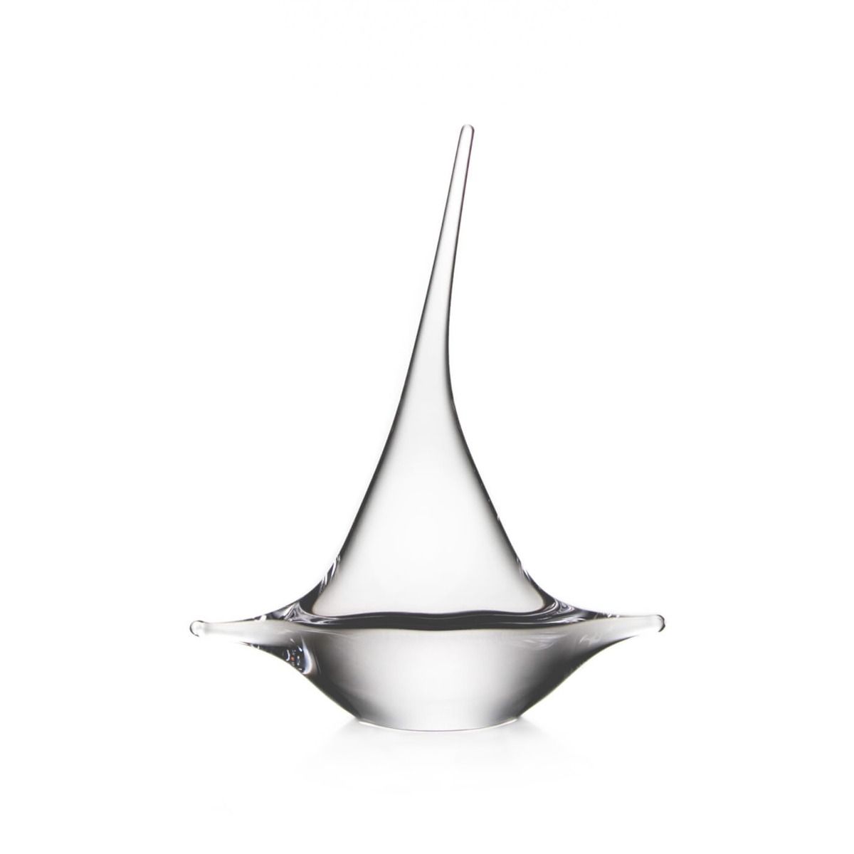 Clear glass sailboat sculpture with pointed mast and wide rounded base.
