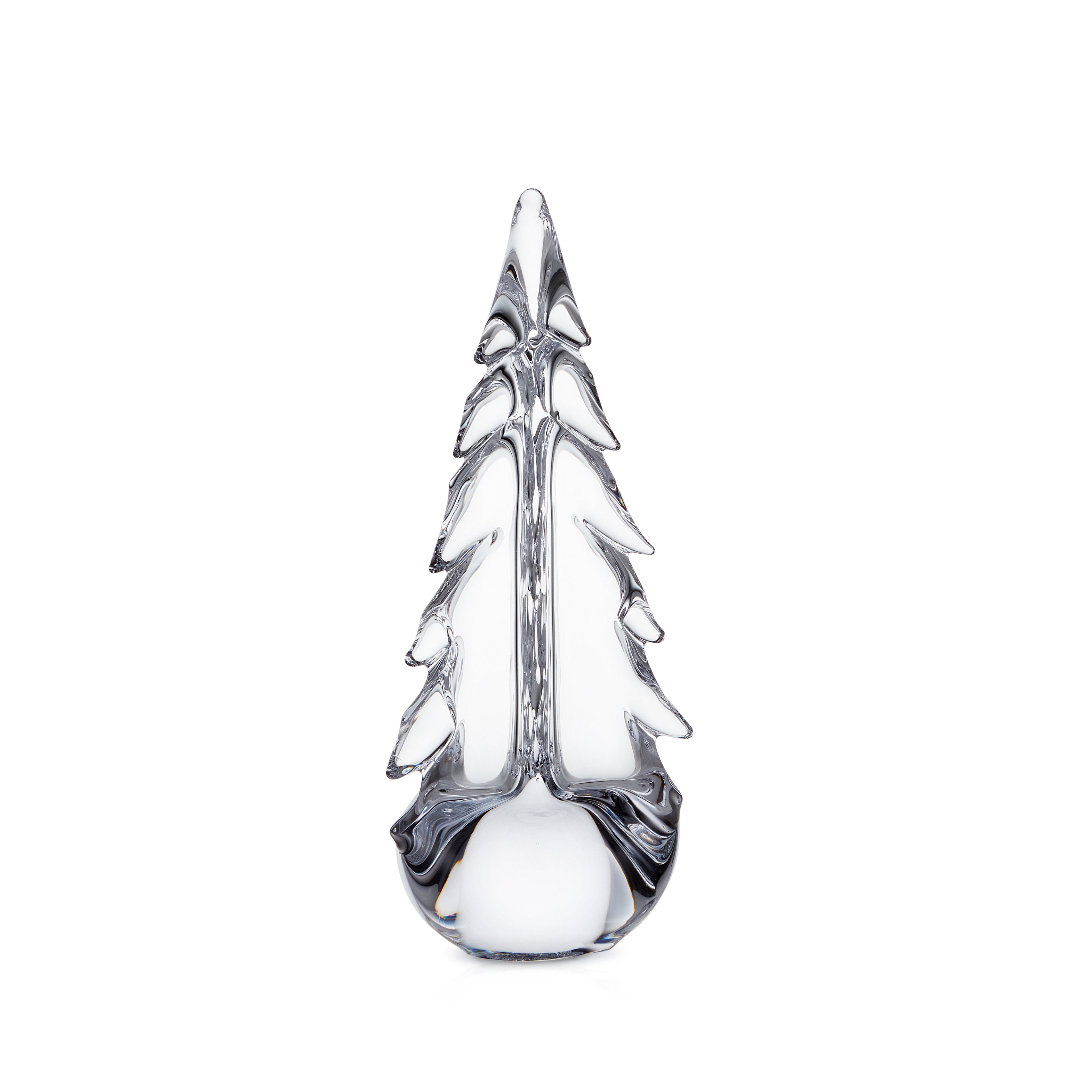 Clear glass evergreen tree figurine with layered branches and rounded base.