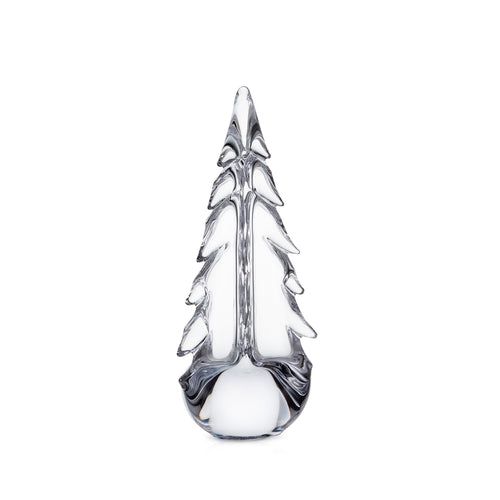 Clear glass evergreen tree figurine with layered branches and rounded base.