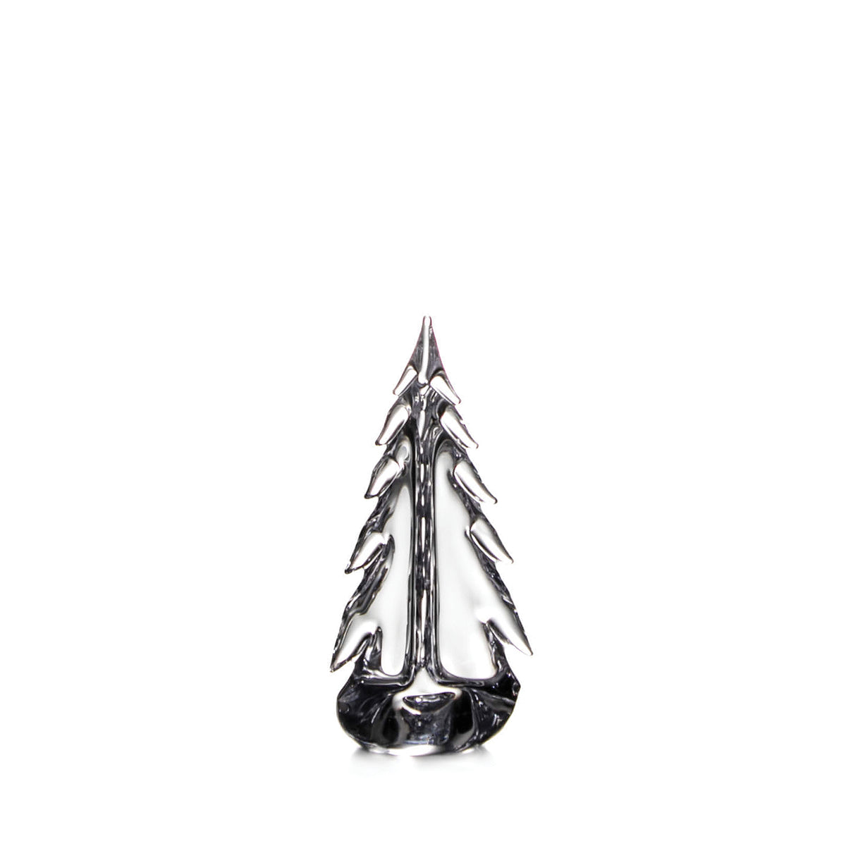 Glass evergreen tree figurine with pointed top and textured branches on black base.