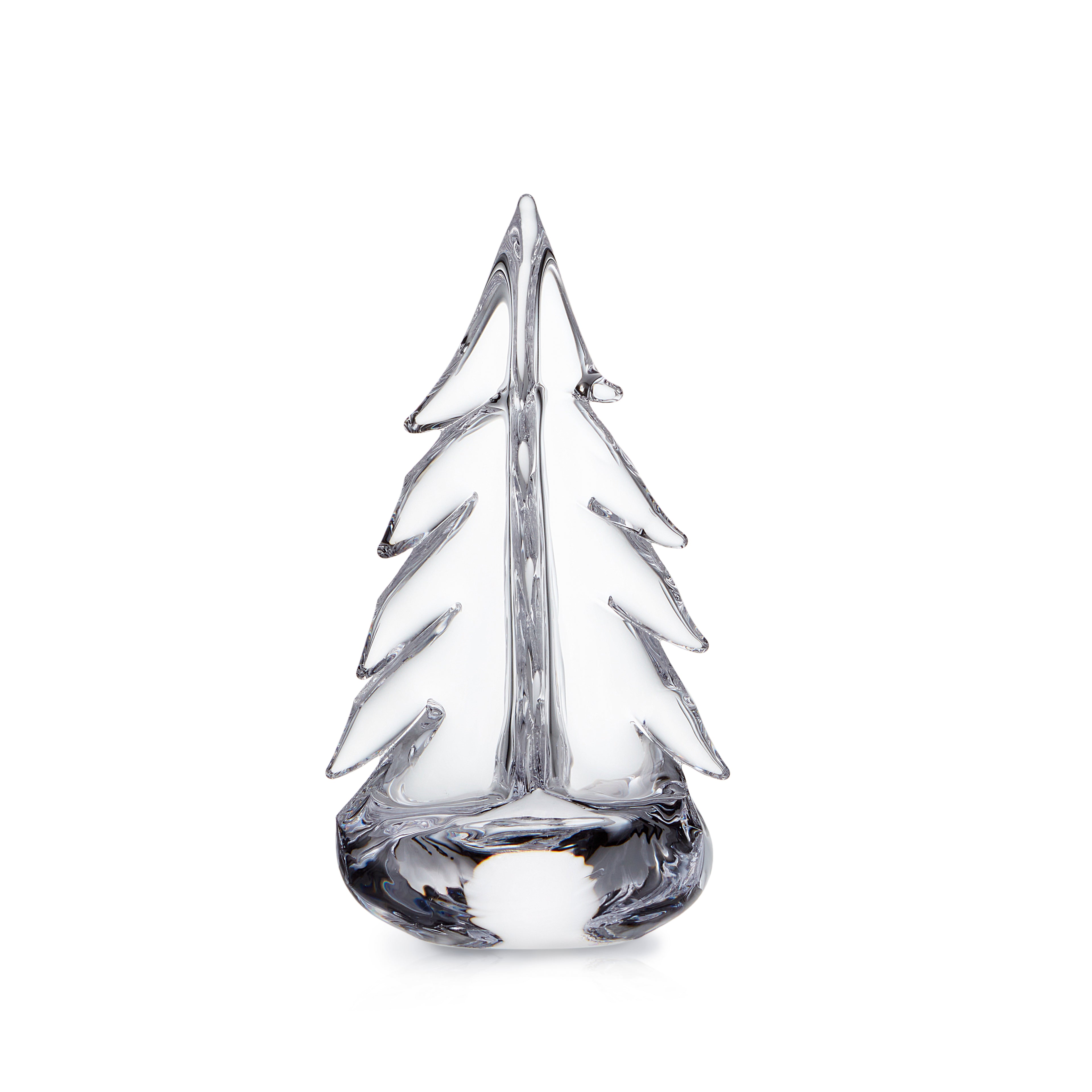 Clear glass evergreen tree figurine with pointed top and branched sides on rounded base.