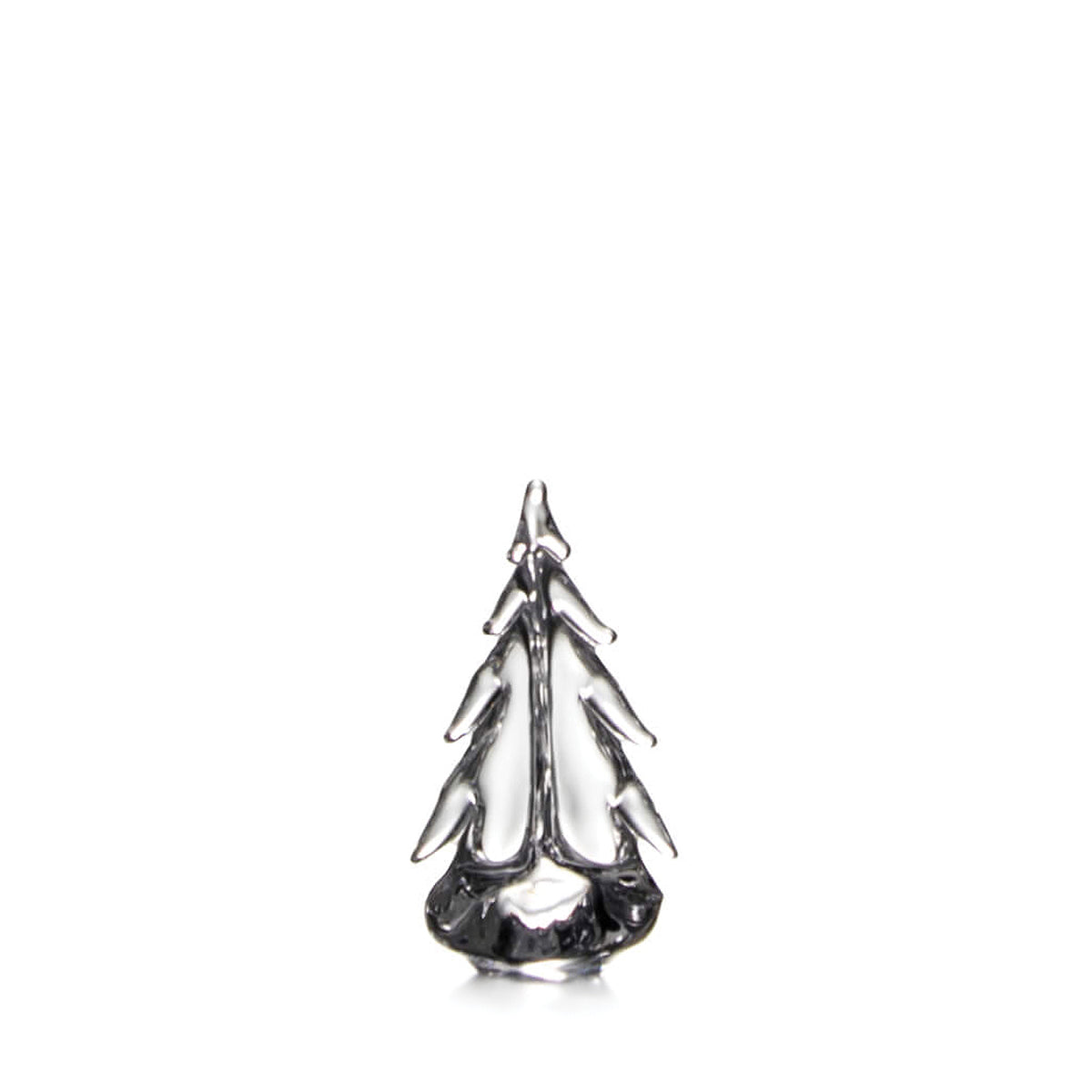 Clear glass evergreen tree figurine with pointed branches and a wide base.