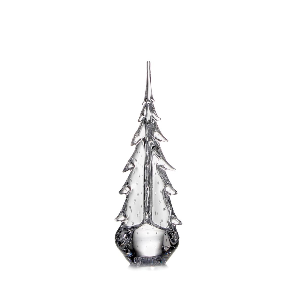 Clear glass evergreen tree figurine with pointed top and tiered branches on bulbous base.