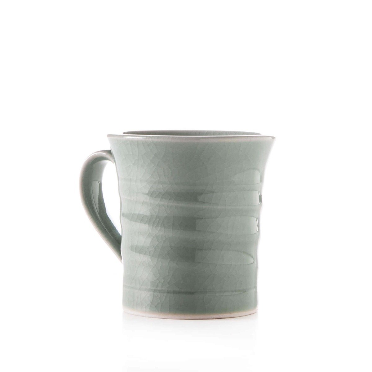 Celadon ceramic pitcher with crackle glaze texture and horizontal bands, featuring a curved handle.