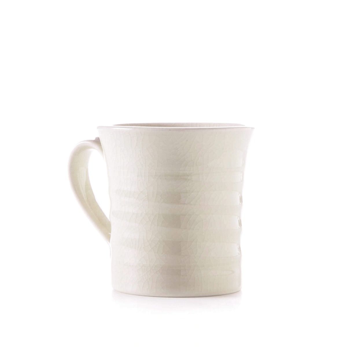 Ivory ceramic mug with crackle texture pattern and handle.