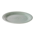 Celadon ceramic dinner plate with crackle glaze finish and concentric ring pattern.