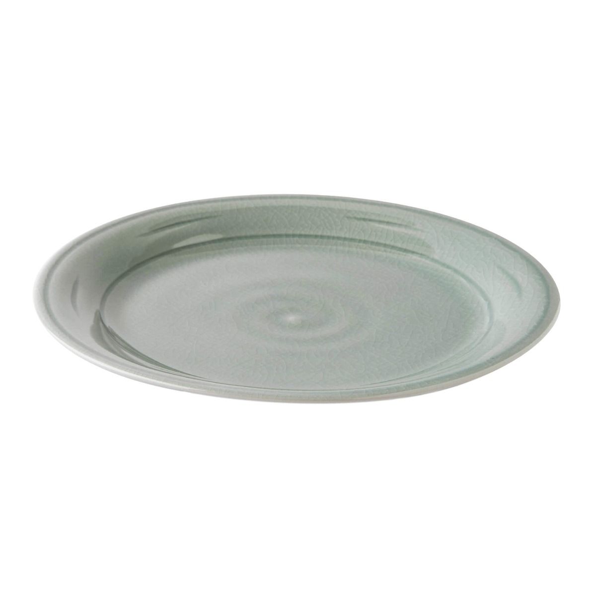 Celadon ceramic dinner plate with crackle glaze finish and concentric ring pattern.