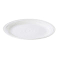 White ceramic dinner plate with concentric rim detail and glazed finish.