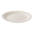 Ivory ceramic dinner plate with crackle glaze and raised rim, shown from above.