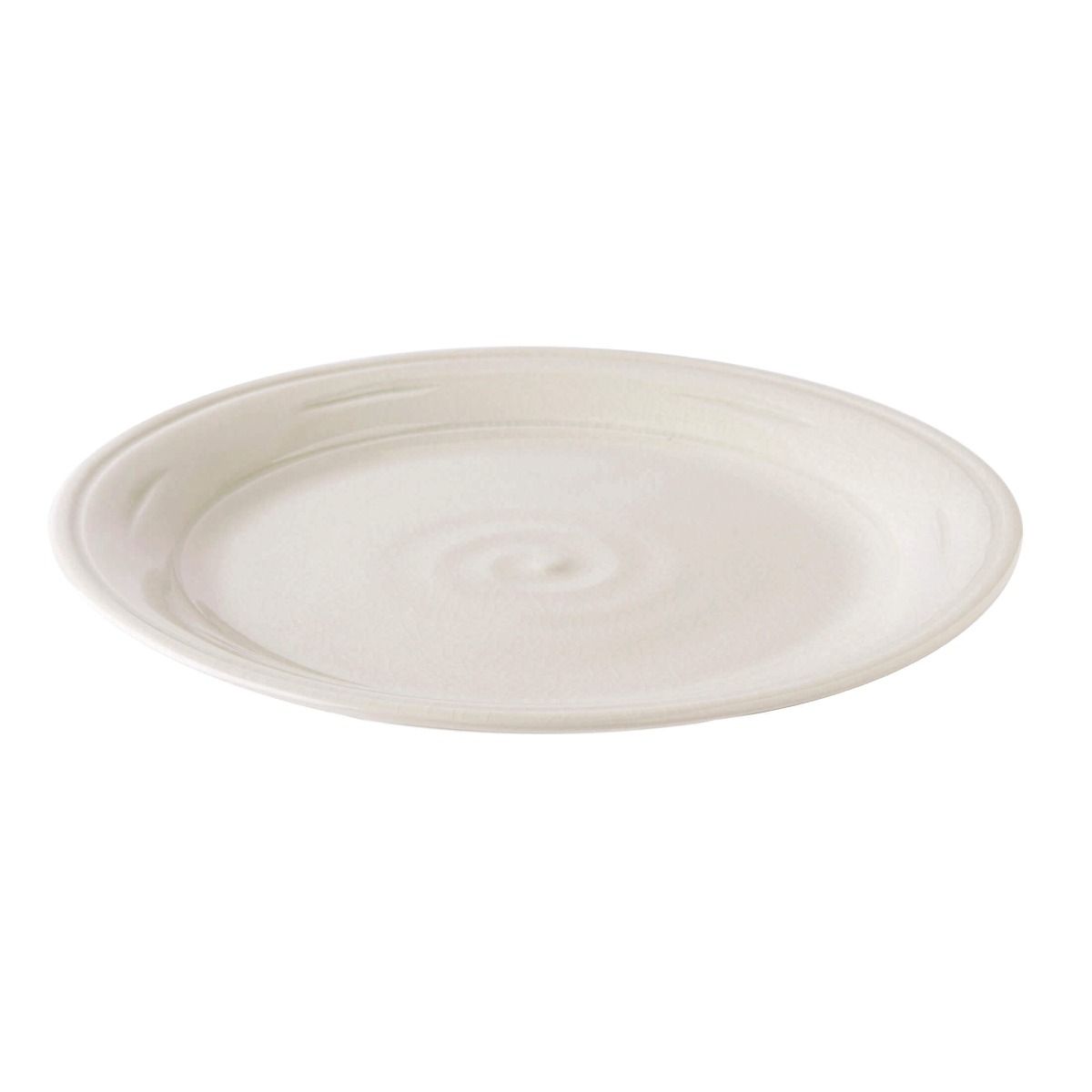 Ivory ceramic dinner plate with crackle glaze and raised rim, shown from above.