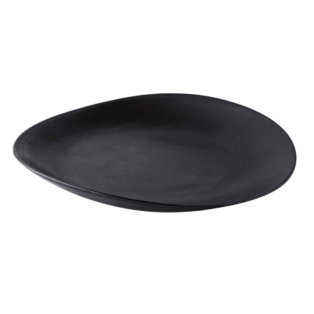 Slate-colored ceramic dinner plate with a flat, slightly curved rim and matte finish.