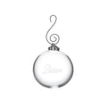 Clear glass round ornament with "Believe" engraved on surface and decorative metal hook hanger.