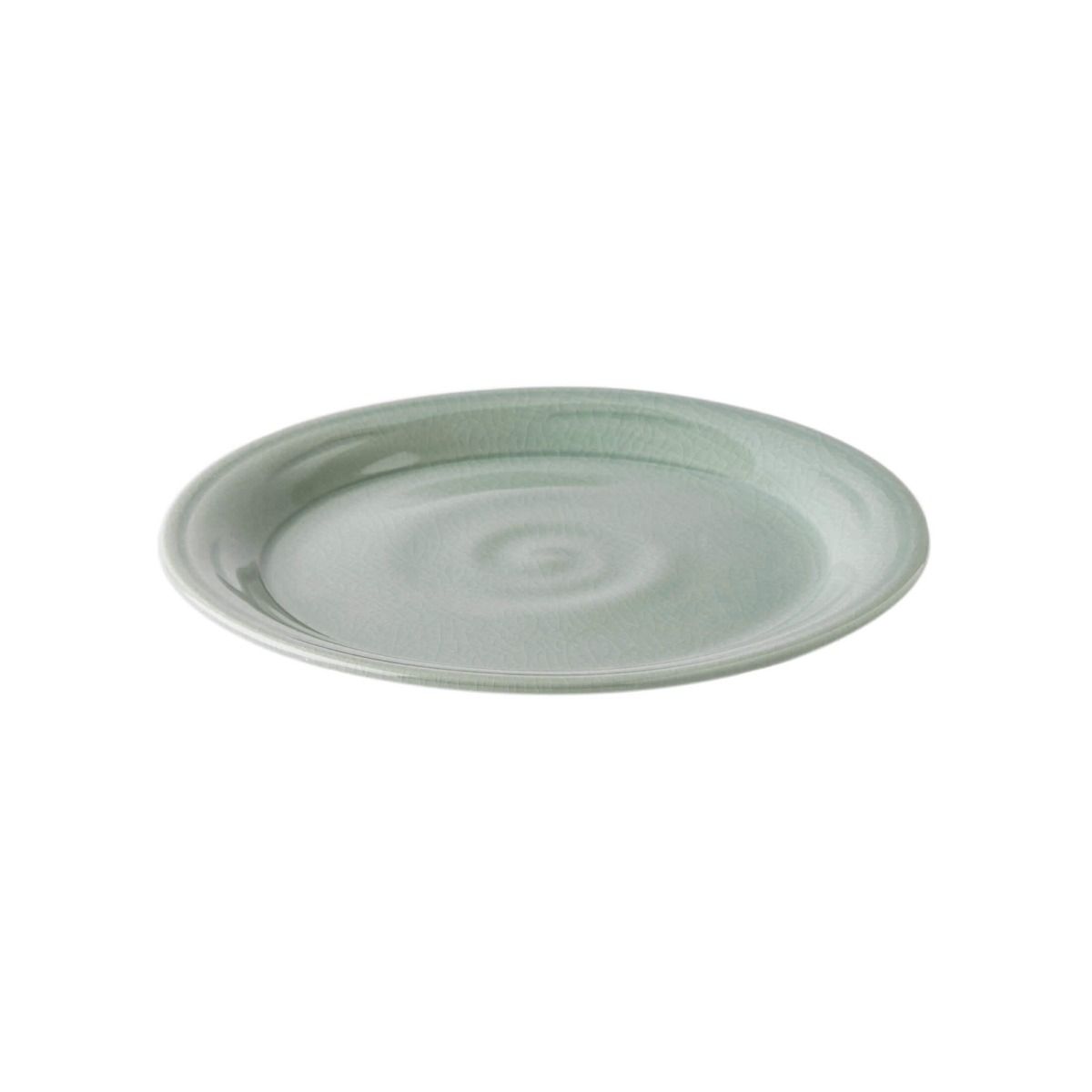 Celadon green ceramic dinner plate with crackle glaze finish and concentric ring detail.