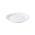 White ceramic dinner plate with curved rim and shallow well.