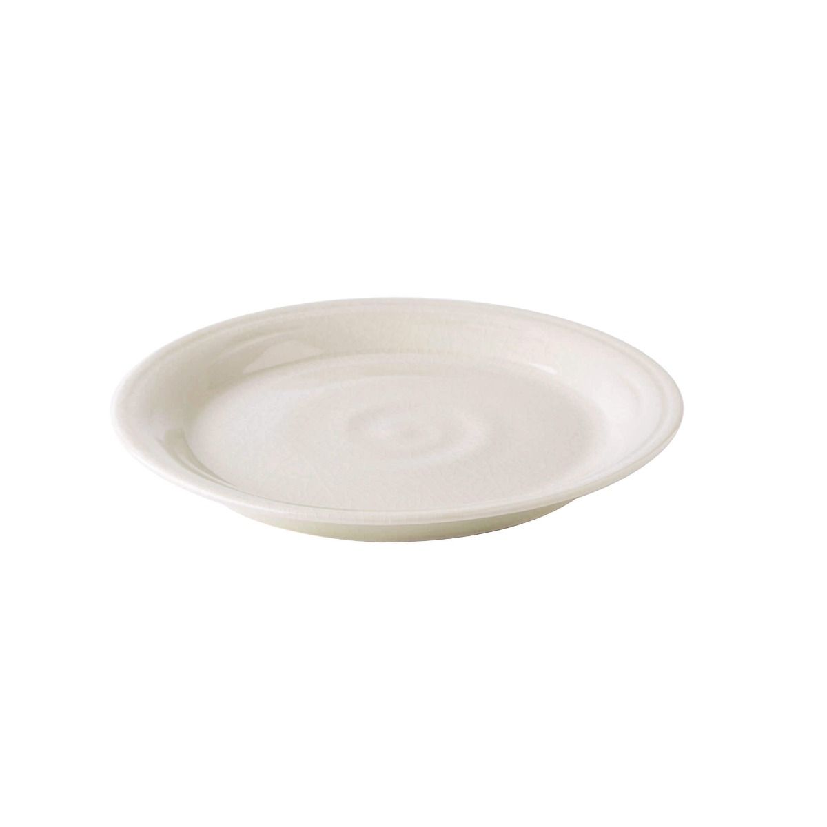 Ivory ceramic plate with crackle glaze finish and raised rim, shown from above.