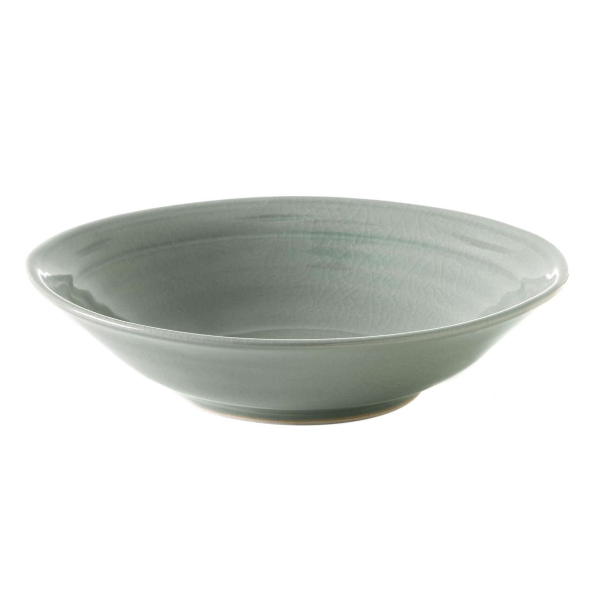 Celadon bowl with crackle glaze texture and shallow curved sides.