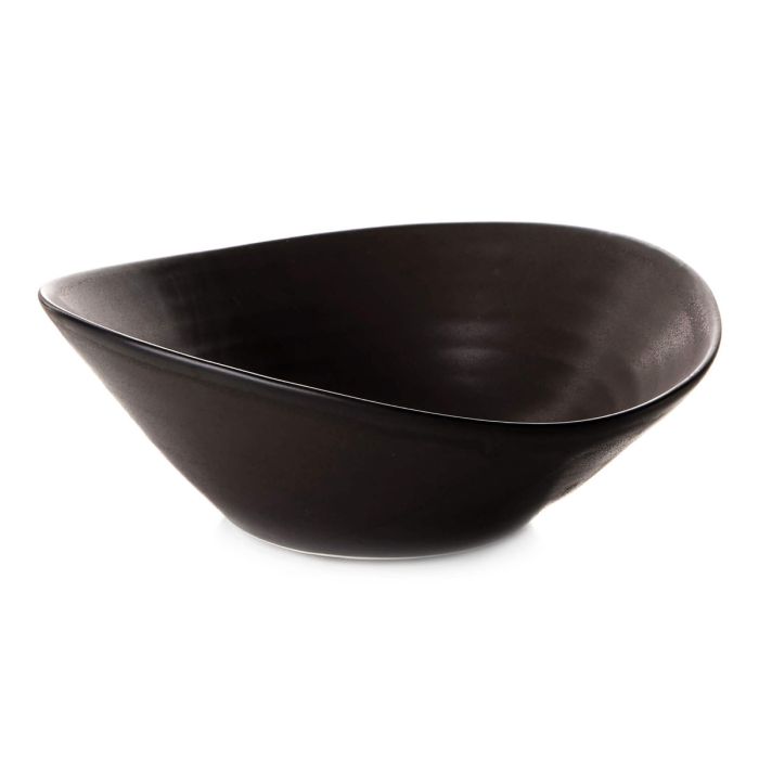 Slate-colored ceramic bowl with curved sides and an asymmetrical rim.