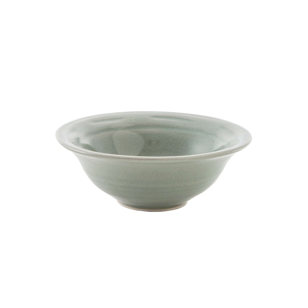 Celadon crackle finish ceramic bowl with wide rim and rounded sides.