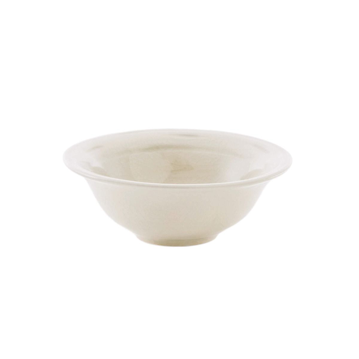 Cream-colored ceramic bowl with crackle texture and wide rim.