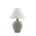 Ceramic table lamp with sage green bulbous base and cream linen tapered shade.