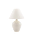 Ivory ceramic table lamp with crackle finish, bulbous base, and tapered linen shade.
