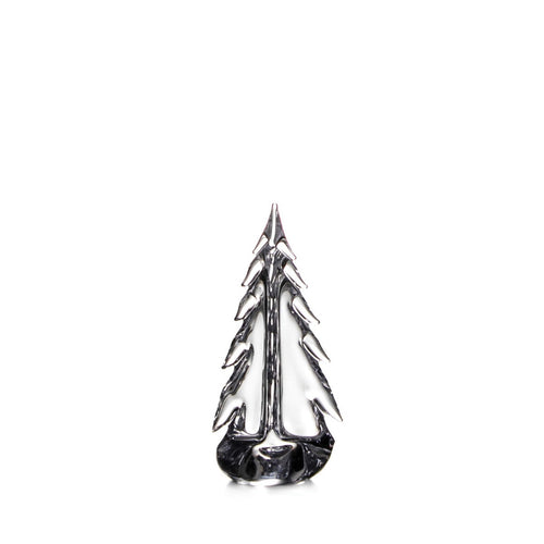 Clear glass evergreen tree figurine with pointed top and layered branches on dark base.