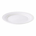 White ceramic dinner plate with concentric ring design and subtle dove gray tone throughout.