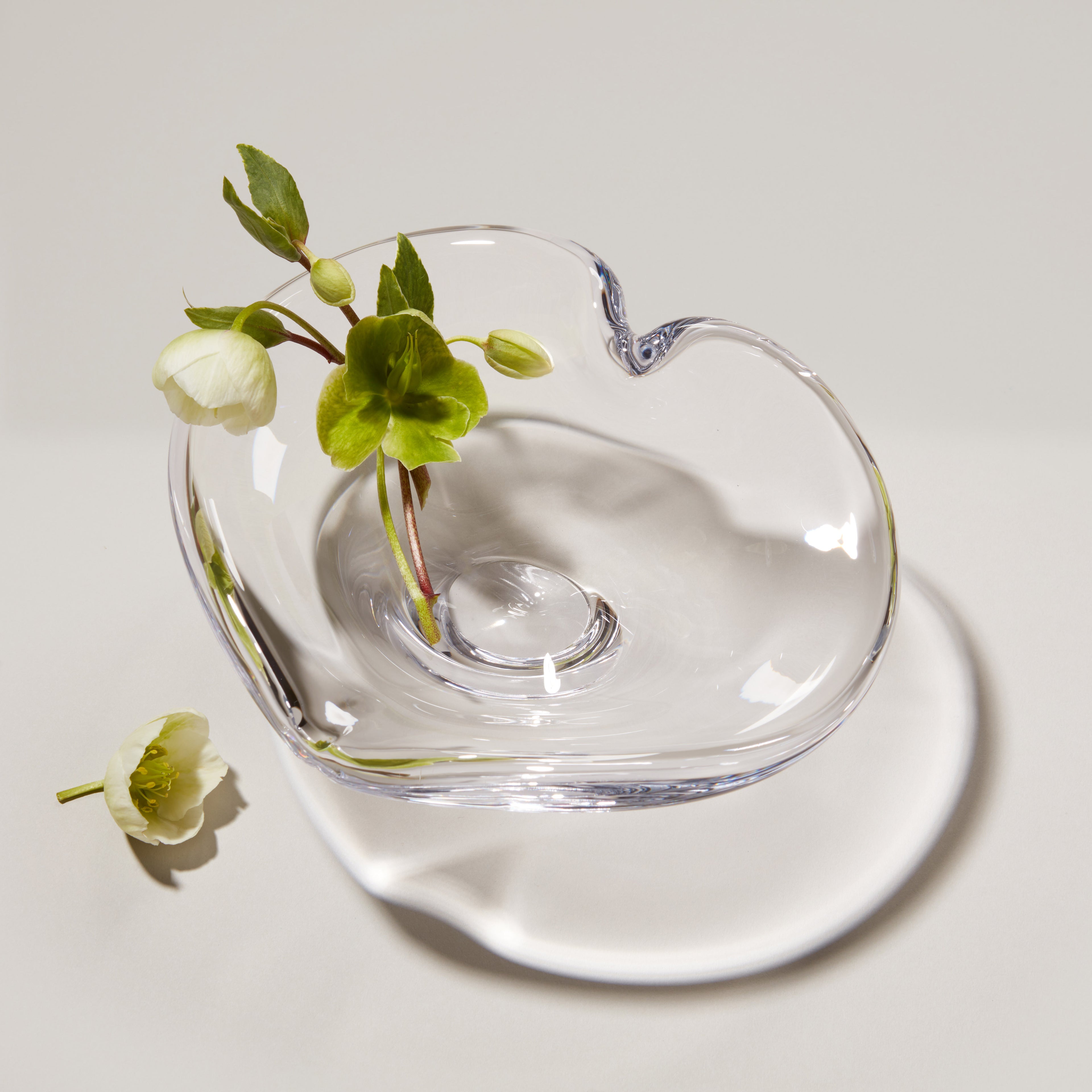 Clear glass heart-shaped dish with white base, containing fresh green flowers and buds.