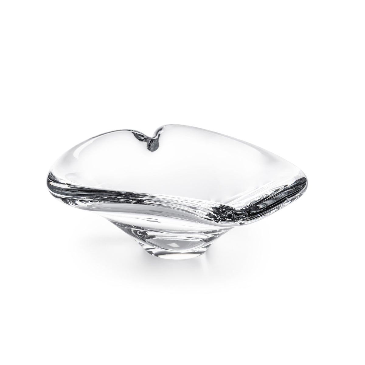 Clear glass heart-shaped dish with black accented rim and pedestal base.