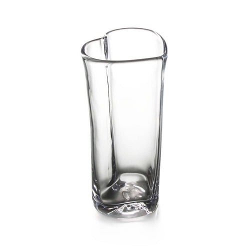 Clear glass vase with curved heart-shaped silhouette and rounded rim.