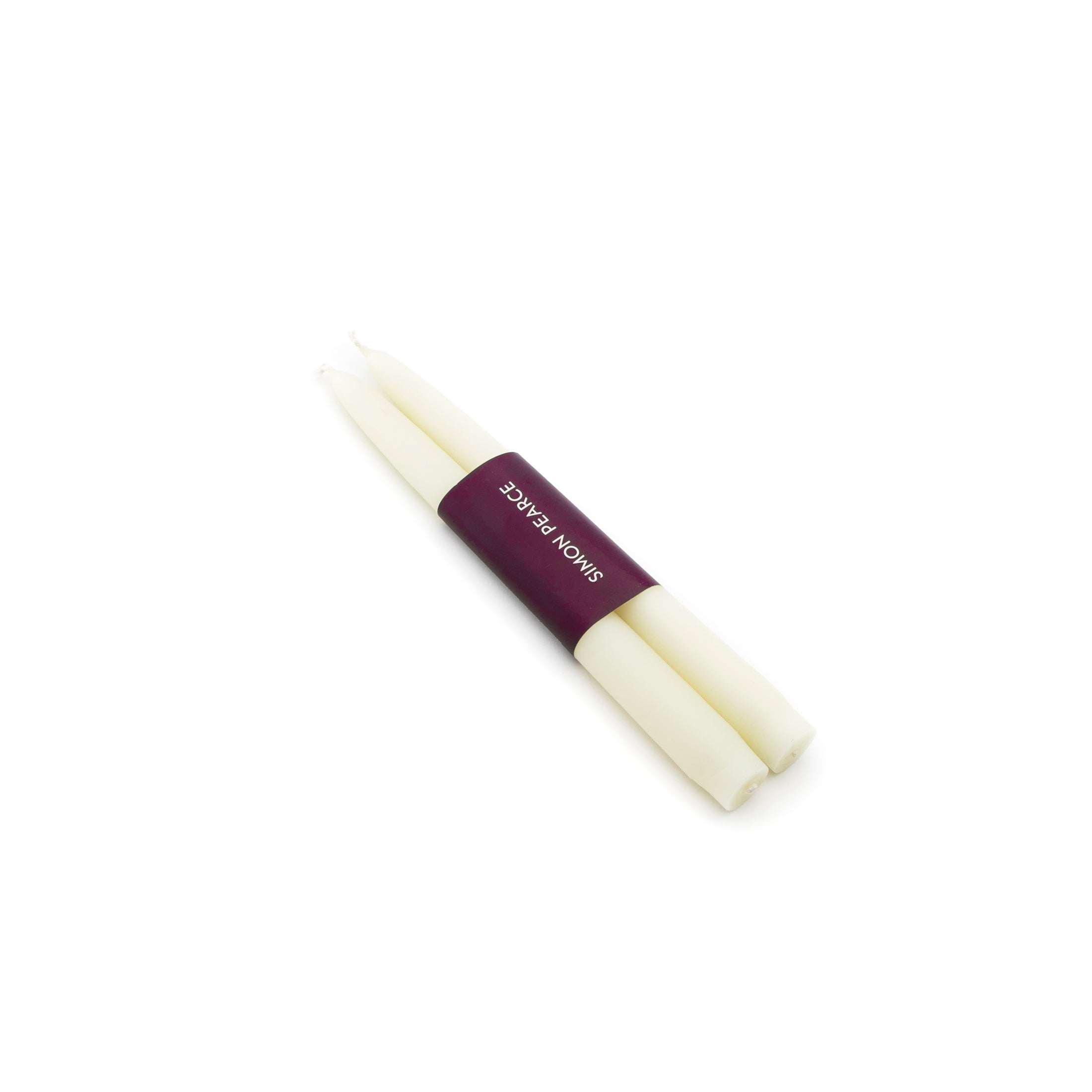 Two ivory taper candles bound together with a burgundy paper band labeled "SMITH NONKS".