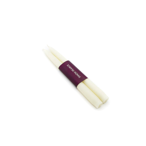 Two ivory taper candles bound together with a burgundy paper band labeled "SMITH NONKS".