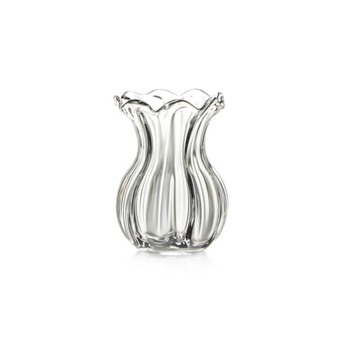 Clear glass vase with vertical ribbed pattern and scalloped fluted rim.