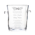 Clear glass chiller with engraved wedding invitation text and floral design, featuring handles on sides.
