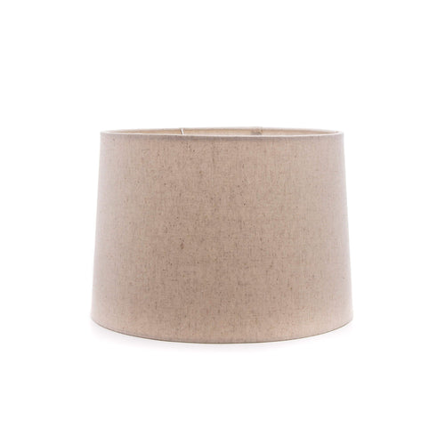 Cylindrical linen lamp shade in natural beige with textured fabric and straight sides.