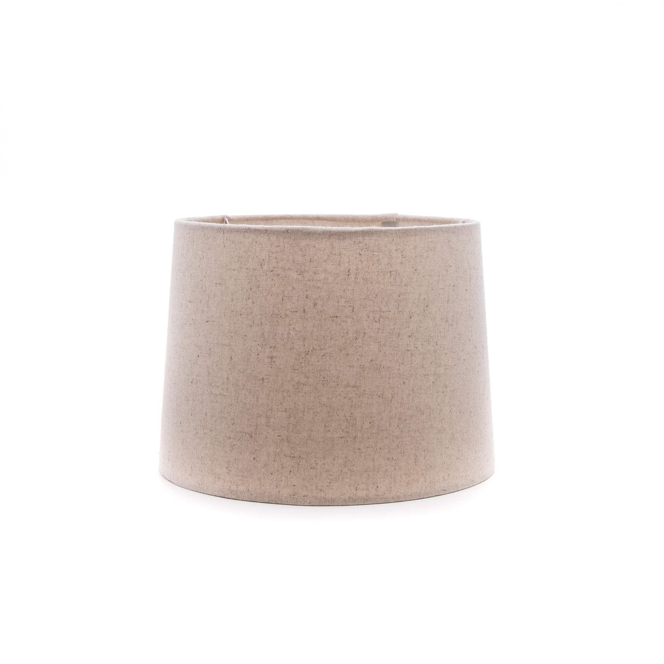 Natural linen barrel-shaped lamp shade with straight sides and neutral beige color.