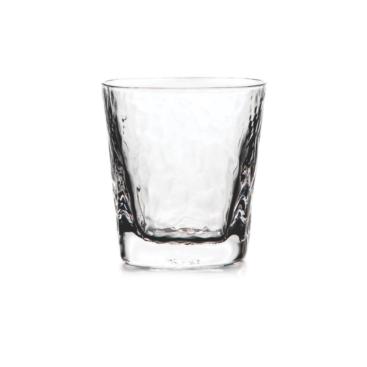 Clear glass double old-fashioned tumbler with textured sides and thick base.