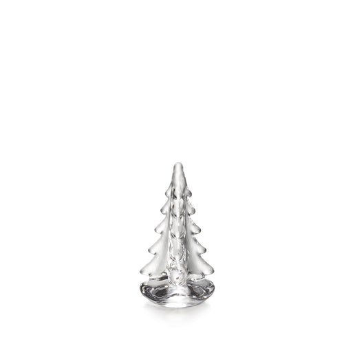 Clear glass evergreen tree sculpture with tiered branches and rounded base.